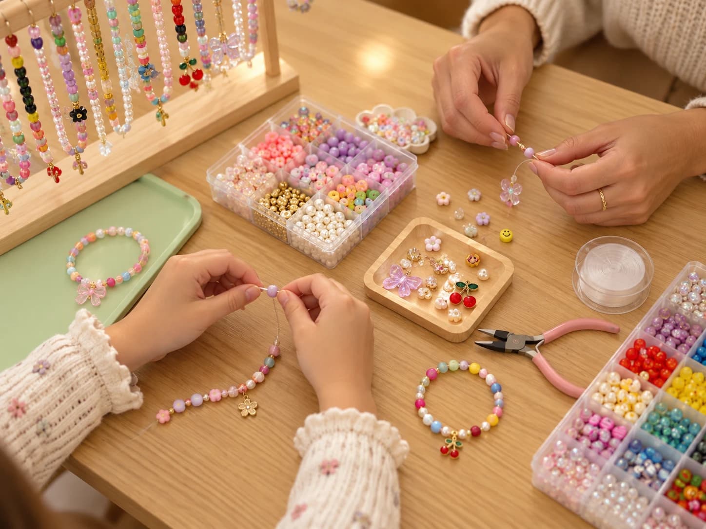 Two people part-way through beaded bracelets, trays and tools around them